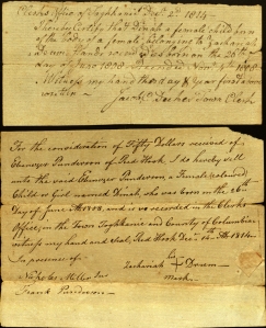 The top document attests to Dinah's birth, the bottom one is the bill of sale. Ms 101749, Folder 2.