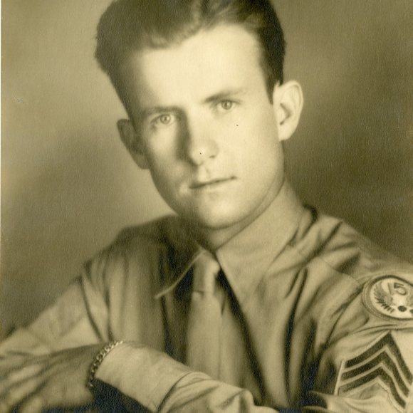 This photograph, taken during a visit to Hartford in 1943, shows a more mature young man. Note the 15th Air Force shoulder patch on his shirt.