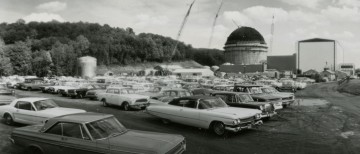 Connecticut Yankee reactor containment building under construction. A valuable historical record if only for the ’64 Mustang.