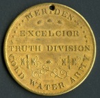 This brass membership token was issued by the Meriden chapter of the Cold Water Army in the 1840s. CHS 2014.52.0
