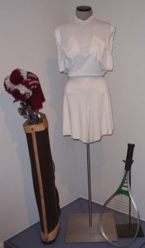 Hepburn’s tennis dress from the 1930s, and the golf clubs and racket she used in the 1970s are in CHS’s collection and on view in the exhibition. CHS collection, The Newman S. Hungerford Museum Fund