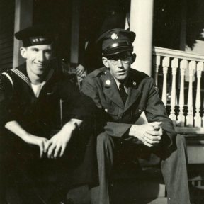 A brief wartime reunion between brothers Francis and Bill Malley on “our” front porch, Thompsonville, 1943.