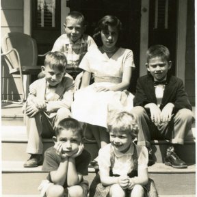 Malley cousins on “our” front porch steps, Thompsonville, 1956.